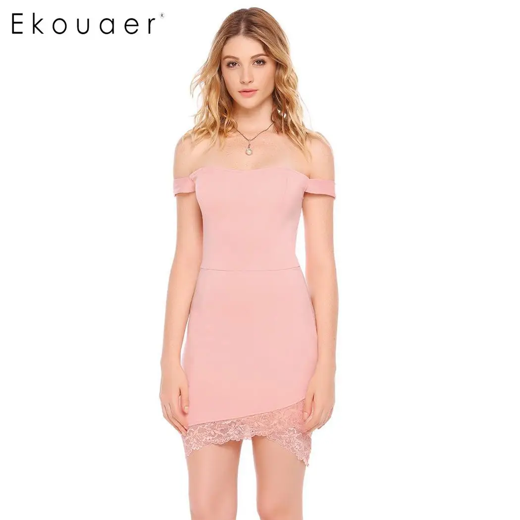 

Ekouaer Women Mini Sexy Dresses Casual Slash Neck Off the Shoulder Asymmetrical Hem Solid Bodycon Sexy Summer Dress