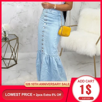

Vintage Women High Waist Jeans Skirt Plus Size Ladies Button Blue Bodycon Mermaid Ruffle Long Maxi Denim Skirts Retro Summer