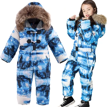 

-30 Degrees Russian Winter Children Down Jacket Boys Thick Down Ski Suit Girls White Duck Down Jumpsuit Snowsuit Kids Overalls
