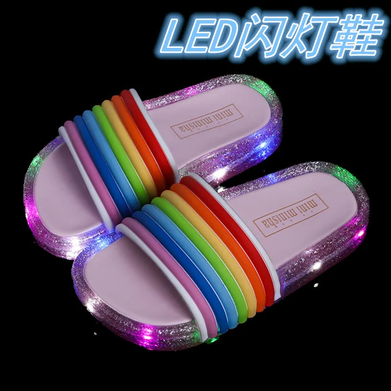 Children's Sandals for Girls Rainbow Straps Baby Slippers Kid's Summer Outdoor LED Flash lighted Slipper Luminous  1pairs/2pcs