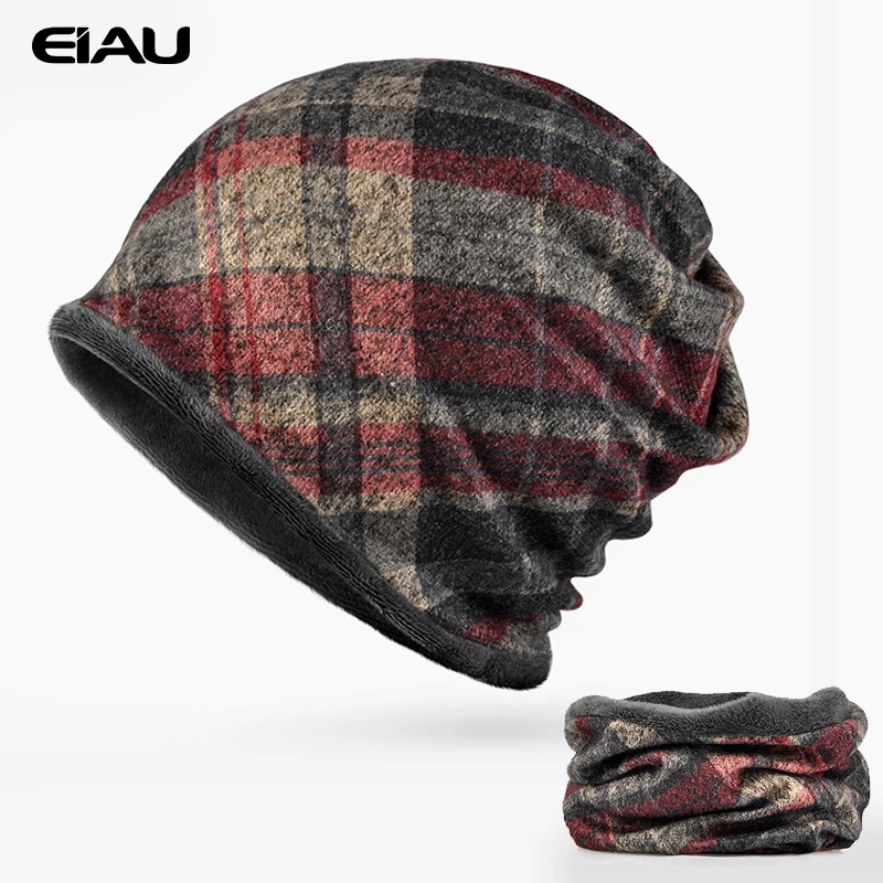 Зимние теплые шапки Skullies Beanies, женские шапки в клетку, мужские уличные Непродуваемые шапки, модная шапка двойного назначения, унисекс плюс бархатная шапка