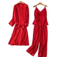 Hot  Green Imitated Silk Pajamas Women's Korean-Style Creative Printing Sexy Lace Three-Piece Suit Sling Nightgown Home Wear