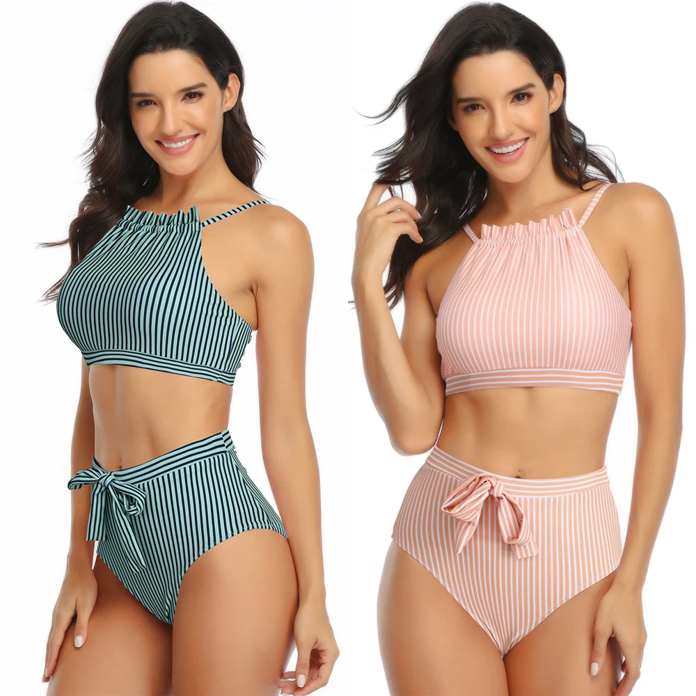 

High Neck Bikini Set Push Up Swimwear Women Solid Swimsuit Female Sexy High Waist Bathing Suit Brazilian Thong Biquini Beachwear
