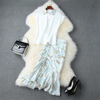 

2020 New Fashion Women Summer Suit Elegant Lady Outfits Turn Down Collar Chiffon Shirt and Trumpet Skirt 2 Piece Clothing Sets