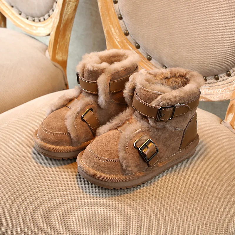 Toddler Girls Boots New Winter Woollen Warm Child Snow Boots Fashion Genuine Leather Boys Martin Boots Antislip Kids Shoes