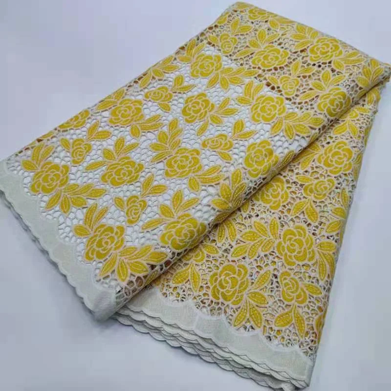 

Африканская кружевная ткань 2022, высококачественное молочное Шелковое кружево, желтое Сетчатое Тюлевое кружево с вышивкой для шитвечерние них платьев, 5 ярдов