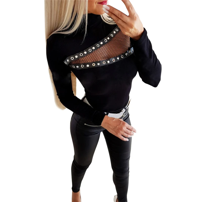 Women Blouse 2020 Women Casual Slim Womens Tops and Blouses Mesh Patchwork Black Fashion Long Sleeve Shirt Blouse Top