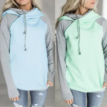 

Autumn Winter Patchwork Casual Double Hood Hooded Hoodies Long Sleeve Side Zipper Womens Sweatshirt Pullover Warm Hoody Oversize