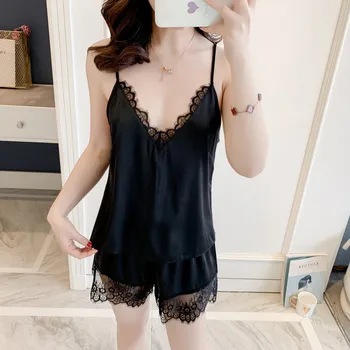 

Sexy Sleepwear Women Suspender Pajamas Satin Lace Pijamas Female 2 Piece Set Summer Deep Vneck Pyjamas for Lady Casual Nightwear