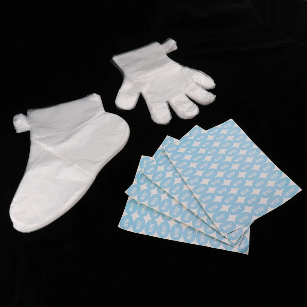 

200 Pcs Disposable Paraffin Wax Spa Foot Hands Care Bags Plastic Socks Gloves, with Stickers, For Women Men