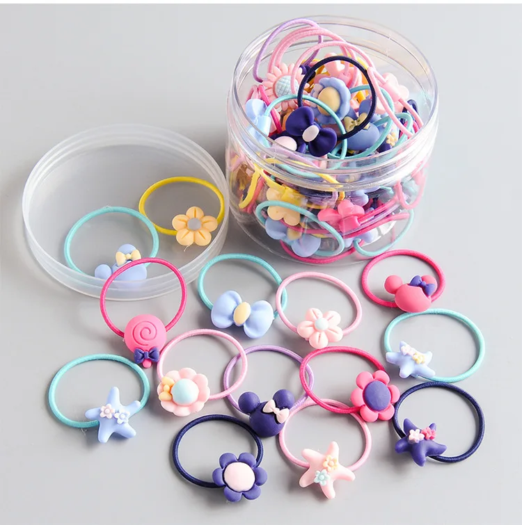 60pcs/lot Small Rubber Elastic Hair Band Cartoon Flower Resin Children's Hair Ring Hair Accessories for Girl
