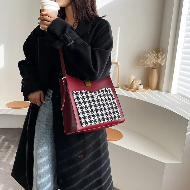 

Autumn And Winter Shoulder Big Bag Women's 2019 New Style Thousands of Birds Large-Volume Fashion Network Red Woolen Cloth Shoul
