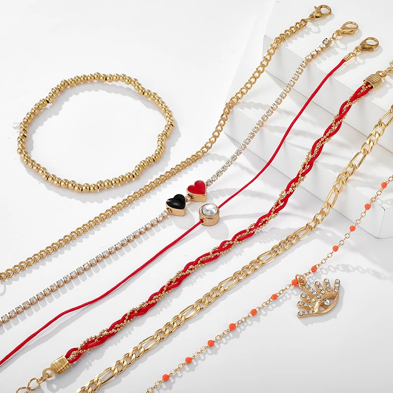 Docona Boho черный, красный любовь многослойный браслет для Для женщин с украшением в виде кристаллов глаз шармы браслеты для ног Ювелирные изделия Tobilleras 7 шт./компл. 8853
