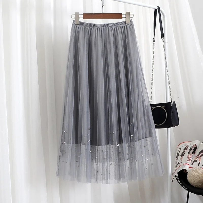 SHENGPALAE New Fashion Autumn Pleated Bead Decoration Elastic Band Straight Skirt Women Solid Tide Faldas Mujer Moda 9A270