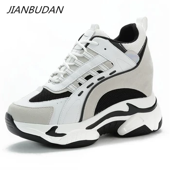 JIANBUDAN 두꺼운 밑창 가죽 청키 스니커즈, 캐쥬얼 신발, 키높이 여성 신발, 용수철 가을 신상, 2023