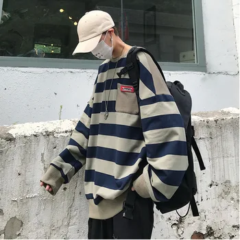 

2019 Spring And Autumn New Contrast Color Striped Stitching Loose Sweatshirt Casual Pullover Navy Blue Yellow / Army Green