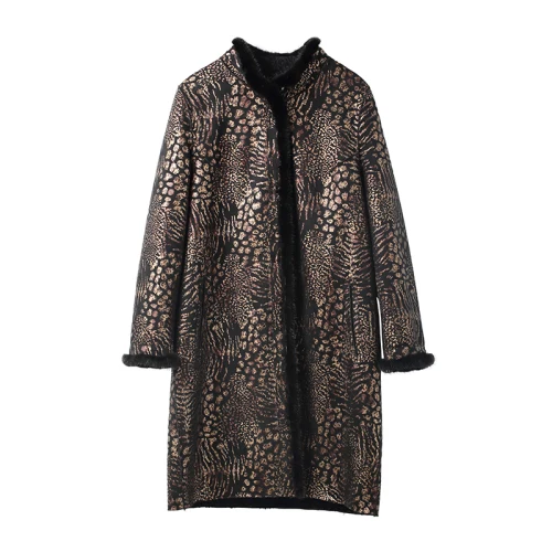 Leopard Пальто из натурального меха, Женская длинная винтажная куртка для стрижки овец, Женская Зимняя шерстяная подкладка, воротник из меха норки, одежда, куртки с цветочным принтом 9069 - Цвет: Leopard
