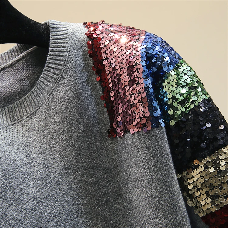 Цветной свитер с пайетками, женский осенний свитер, наряды для женщин, новинка, зимний, с блестками, длинный рукав, толстый, теплый, вязаный Топ, свободный свитер