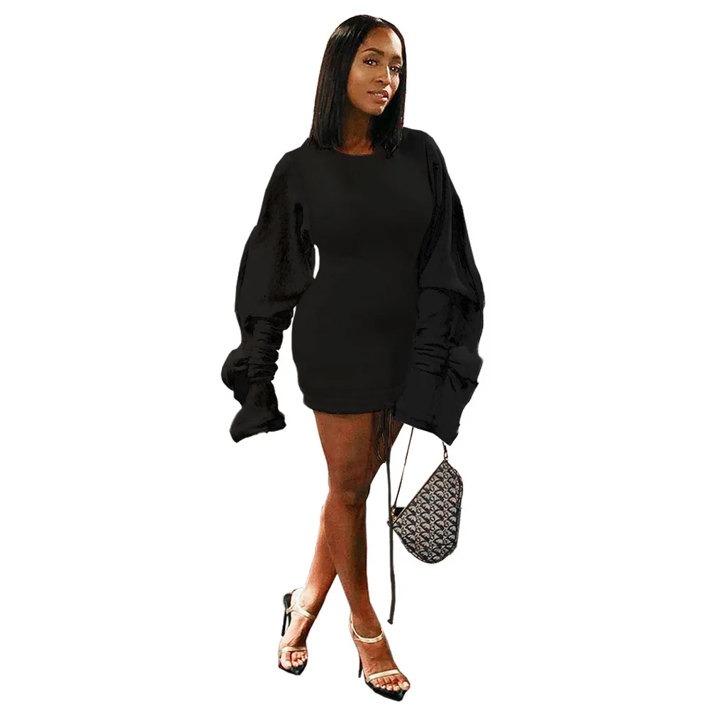 black casual dress Echoine, Осень-зима, бархатное мини-платье с рюшами и длинным рукавом, повседневное лоскутное женское винтажное белое платье, Клубная одежда - Цвет: black casual dress