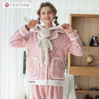 

FENTENG Spring Pajamas Kawaii Animal Printed Sleepwear 2PCS pyjamas Turn Down Collar Soft Home Clothes Warm Nightwear J98040921