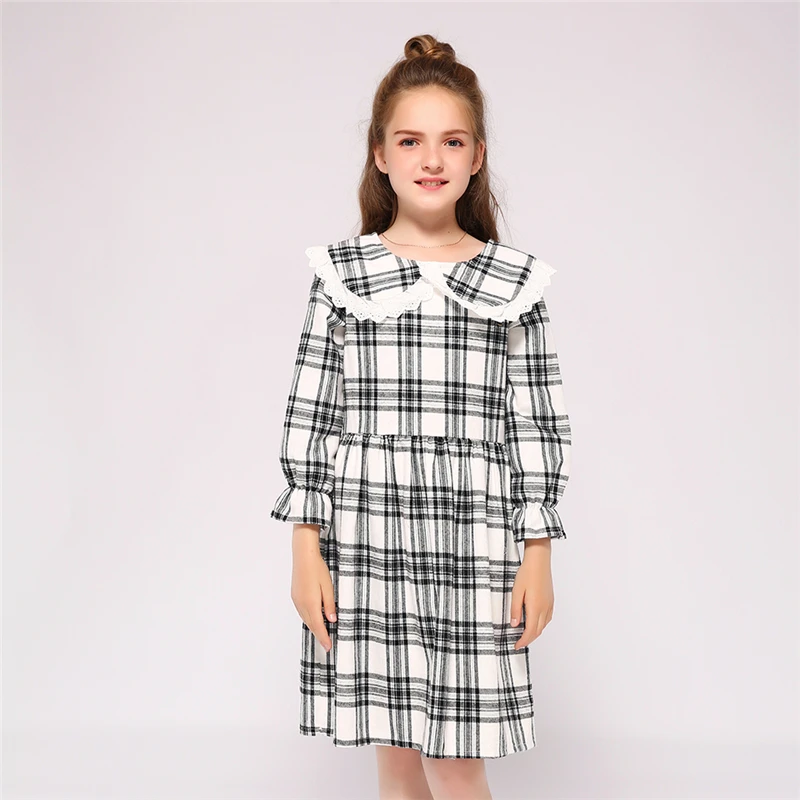 Kseniya Kids/уличное стильное платье с длинными рукавами для девочек; хлопковое плотное весенне-осеннее клетчатое кружевное платье
