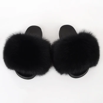 

Big Fur Slides Women Furry Slippers House Summer Home Fluffy Shoes Plush Sandals Ladies Luxury Real Fur Flip Flops Big Size 2020