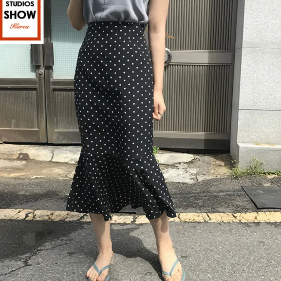 Дизайнерские юбки женские летние японские дизайнерские темпераментные удобные с оборками Русалка маленькая черная юбка в горошек Высокая талия AQ663