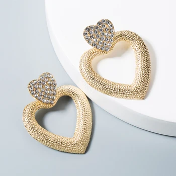 

2020 Za Brand New Arrival Korean Vintage Hollow Two Layers Heart Rhinestone Statement Earrings for Woman Fashion Ear Accessories