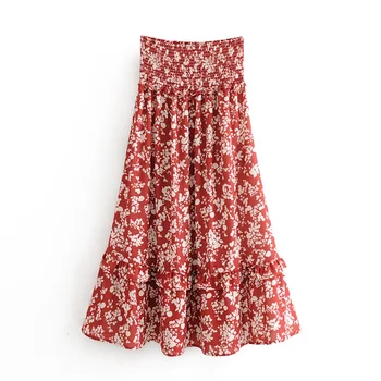 

2020 Spring Women's New Retro High Waist Honeycomb Fabric Stretch Waist Stacked Decorative Skirt Vacation Printed Skirt
