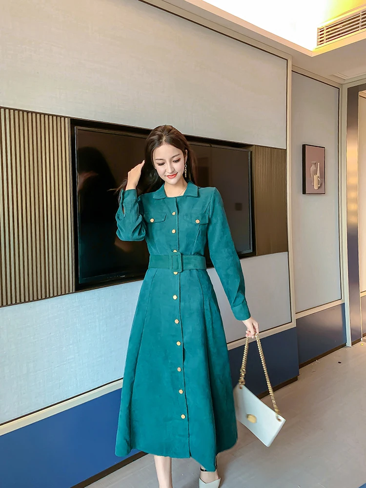 Женское осенне-зимнее теплое платье винтажная одежда женские длинные рукава темпераментные длинные вельветовые платья черные, зеленые