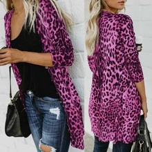 Элегантная женская одежда длинный рукав тонкий свитер с открытыми стежками женские трикотажные изделия осень Весна Леопардовый принт Длинные кардиганы