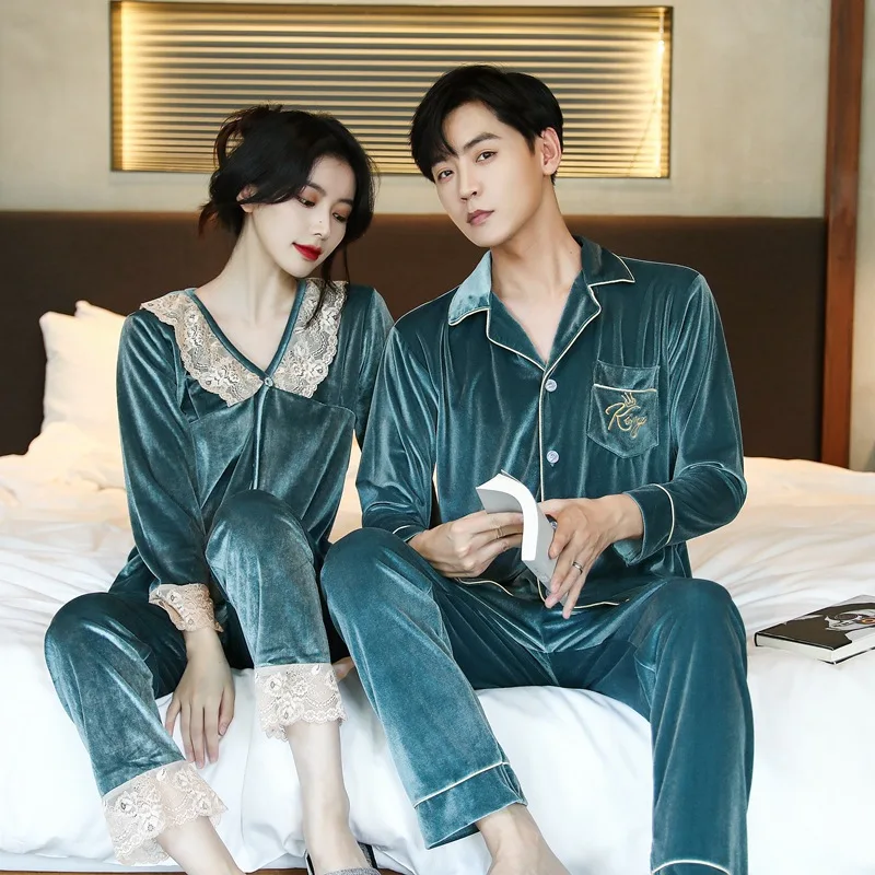 Kupokasi Warm Velvet Women Man Pajamas Set Autumn Winter Sleepwear Long Sleeves Couple Pyjama Female Lace Nightwear