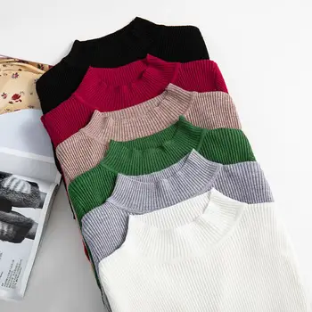 

Autumn Women Bottoming Sweater Solid Color Mock Neck Long Sleeve Slim Knitwear