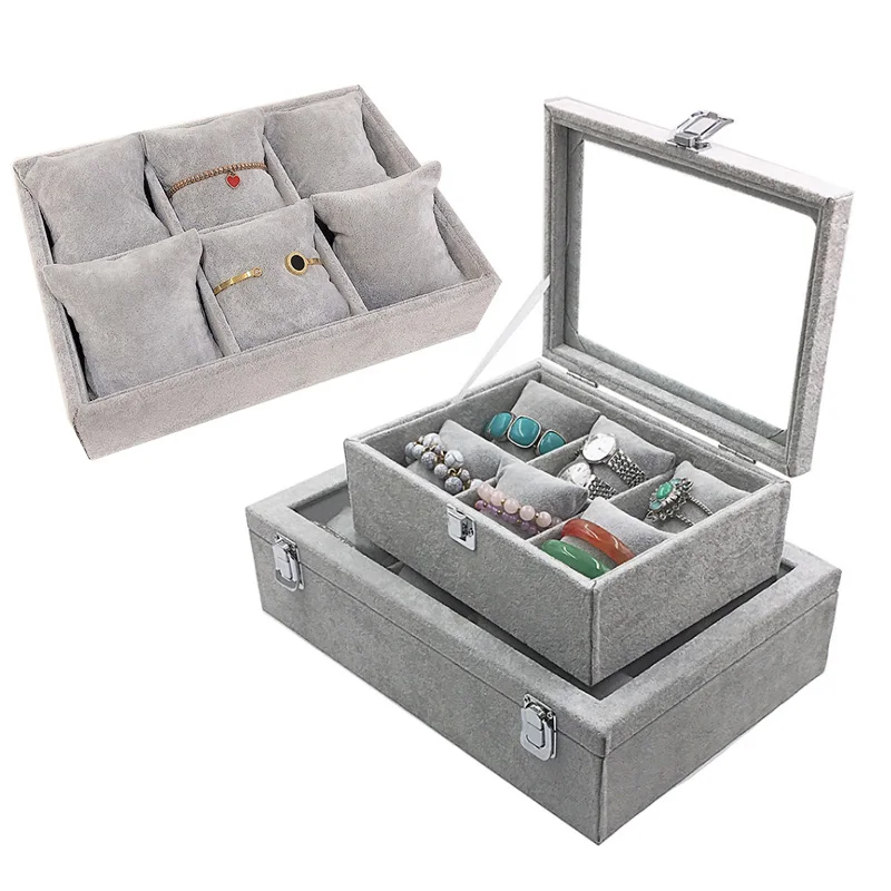 Ice gray Bracelet watch storage box display stand dust-proof glass transparent watch box display props Small pillow wholesale brand new ice gray bracelet watch storage box display stand dust proof glass transparent bangle box jewelry organizer tray