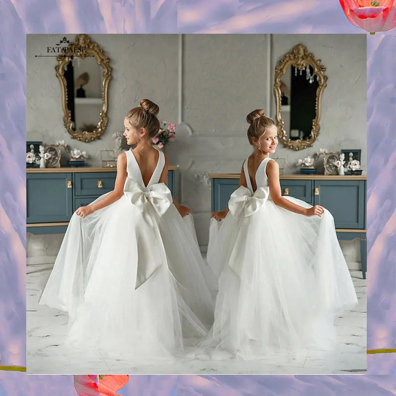 FATAPAESE Flower Girl Dress With Bow Long Train Flower Lace Pearls Dresses Satin Tutu First Communion Dress Ivory Girl Dress