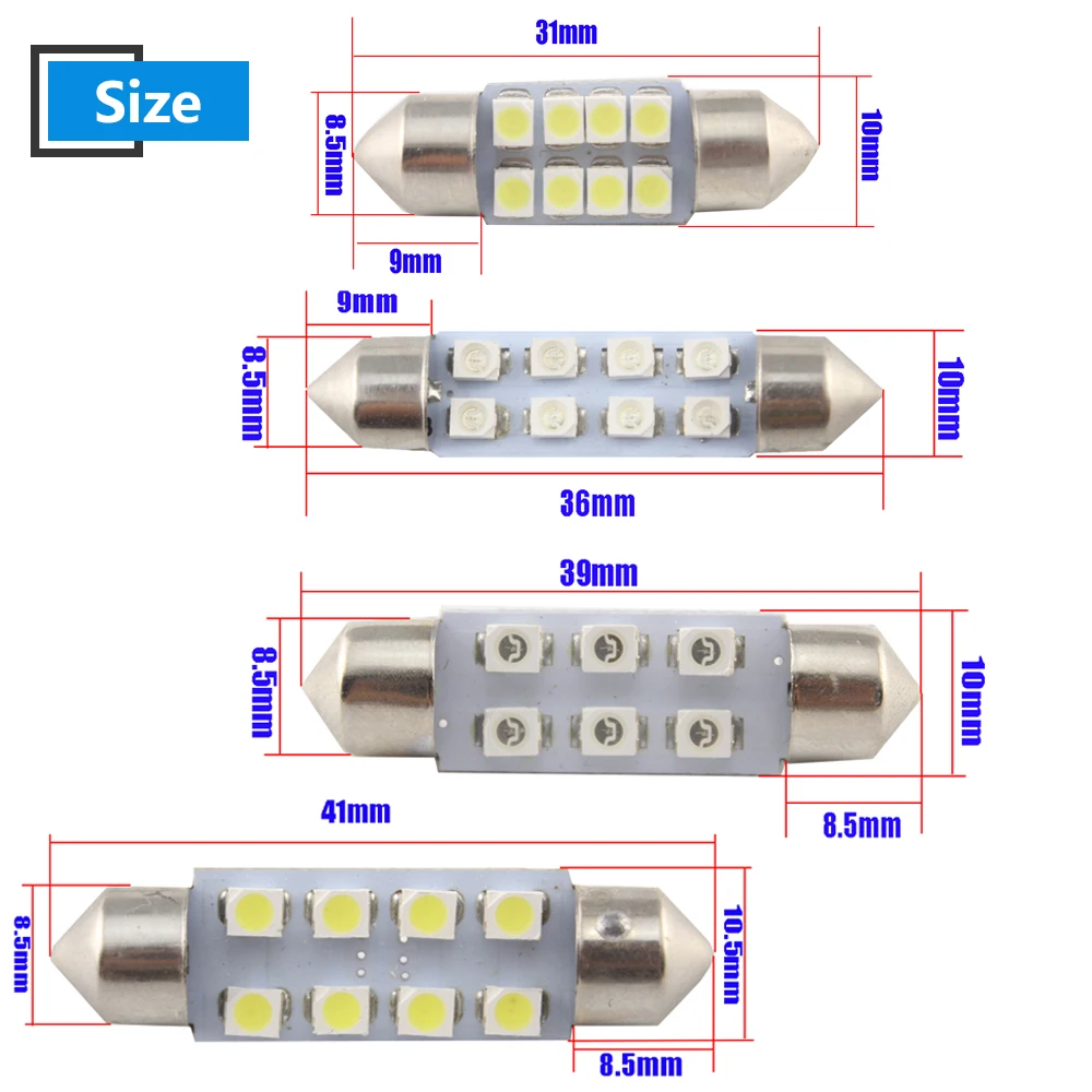 100X12 V 31/36/39/41 мм C5W 1210 8SMD гирляндные лампы 3175 купол потолочные светильники Лампы для чтения бесполярности белый