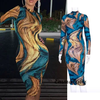 

Women Dress Elegant Boho Midi Maxi Dress Long Sleeve O-Neck Colorful Painting Print Hip Sexy Evening Party Dresses 2020 NEW