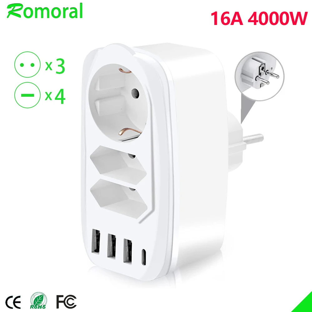 EU Plug Scoket 1 To 3 AC 3USB Charger With Type C Port 16A 4000W Wall For South Korea Russia Spain Israel |