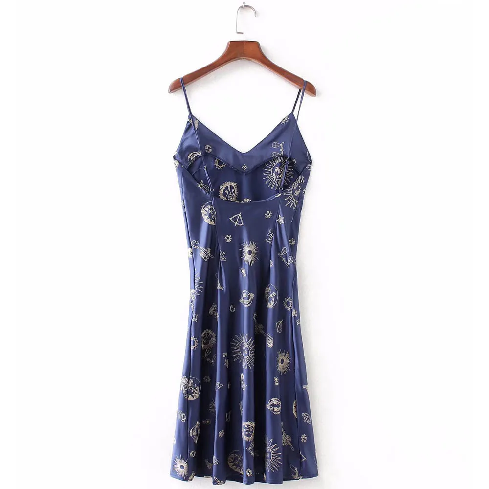 Skup TXJRH Sexy słońce konstelacji druku głębokie dekolt w serek imitacja satyny pakiet Hip paski spaghetti Backless plaża Mini sukienka Vestidos