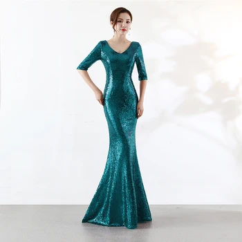 

Evening Gowns Half-sleeve Sequin Robe De Soiree 2019 V-neck Backless Evening Dresses for Women Bling Long Evening Dress C259