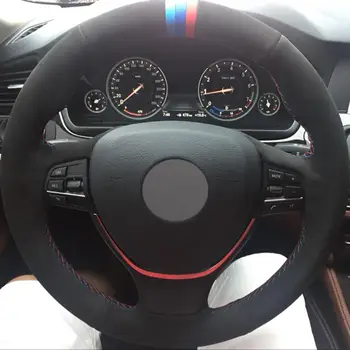 

HOT SALE Black Suede DIY Hand-stitched Car Steering Wheel Cover for BMW F10 2014 New pattern Interior