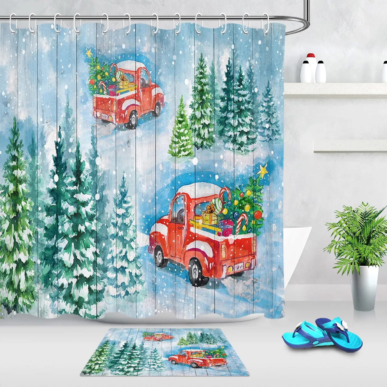 Christmas Shower Curtain With Hooks Fir Tree Snowflake Vintage Red Truck Bath Curtains For Bathroom Decoration Non-slip Carpet