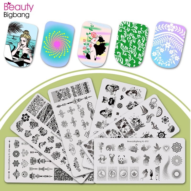 

Beautybigbang Stamping Plates Set 6PCS Geometry Panda Swan Heart Moon Dot Image Stamping Template Stencil Nail Art Accessories