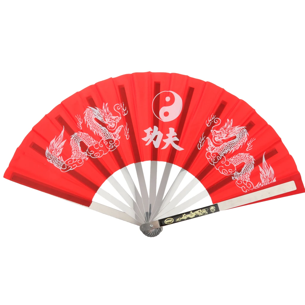 Flexible Chinese Kung Fu Martial Arts Tai Chi Sports Dragon Stainless Steel Frame Fan Red