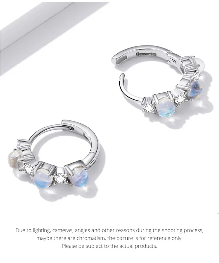 BAMOER Shining Moonstone 925 Sterling Silver Simple Style Ear Buckle For Women Statement New Fashion Jewelry Anniversary Gift