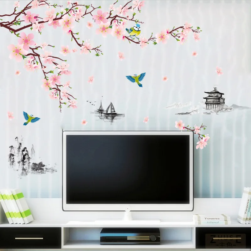 Flower Wall Stickers TV Sofa Wall Decals Birds Home Decor Tree Flower