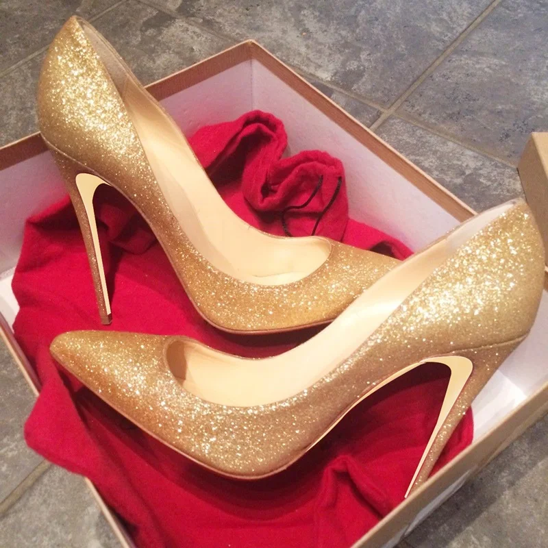 Туфли лодочки женские на шпильках 12 8 см с золотистыми блестками|Туфли| |