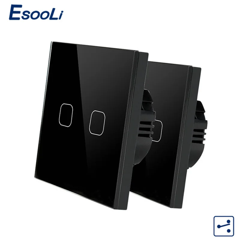 2 Gang 2 Way Black Esooli ЕС стандарт 1/2 банды 2 способ управления настенный сенсорный экран переключатель, Хрустальная стеклянная панель, крест/через переключатель, 2 шт./упак - Цвет: 2 Gang 2 Way Black