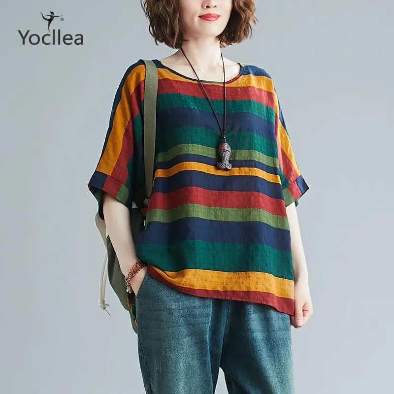 

Color stripe cotton and Linen T-shirt Women's Summer 2020 new loose art Batwing sleeve Tops Tees Oversize