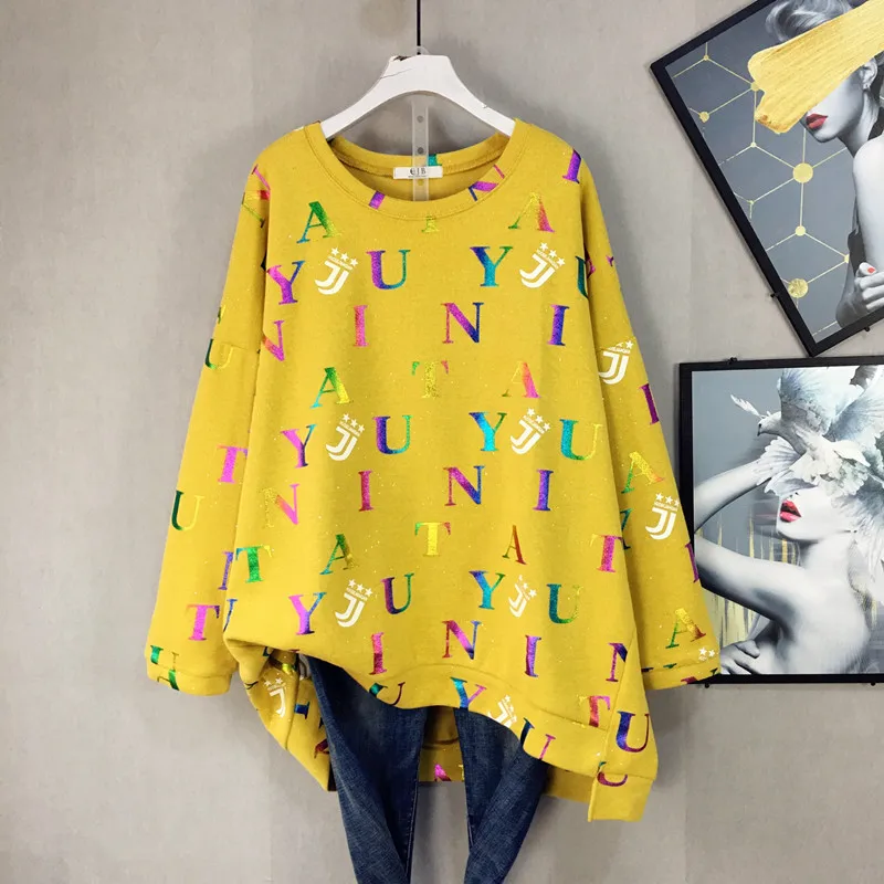 Осеннее Новое поступление, платье с открытыми плечами большой размер, свободная футболка средней длины с буквенным принтом футболка с длинными рукавами и круглым вырезом